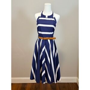Eliza J Navy White Striped Halter Midi Dress with Belt Size 4 Fit and Flare